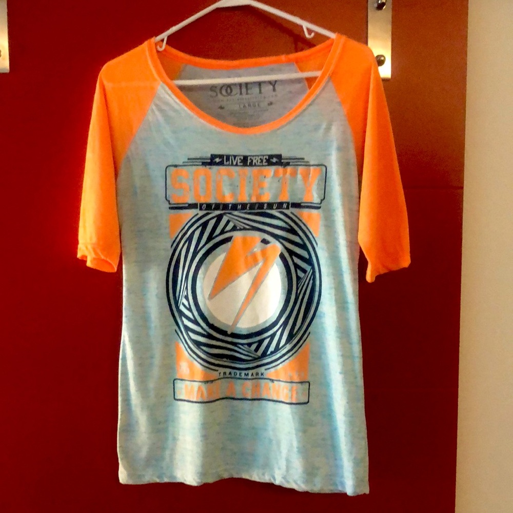 Society Live Free 1/2 arm length sleeve tee, bright orange w/blue flecks, sz Lg